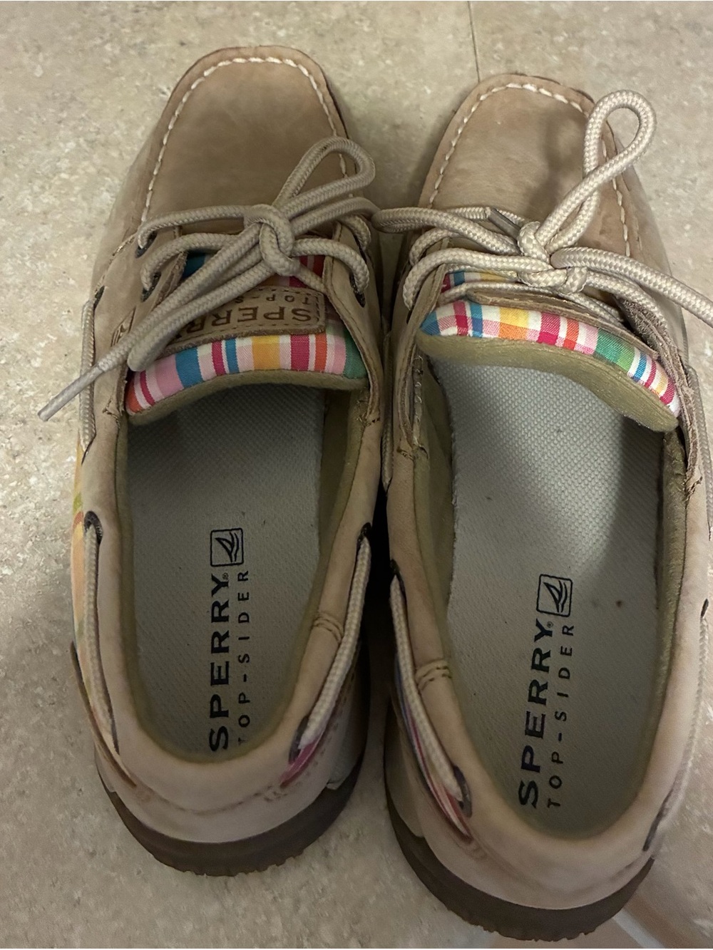 Sperry Kids Tan Moccasin Boat Shoes with Multicolor Stripe Trim